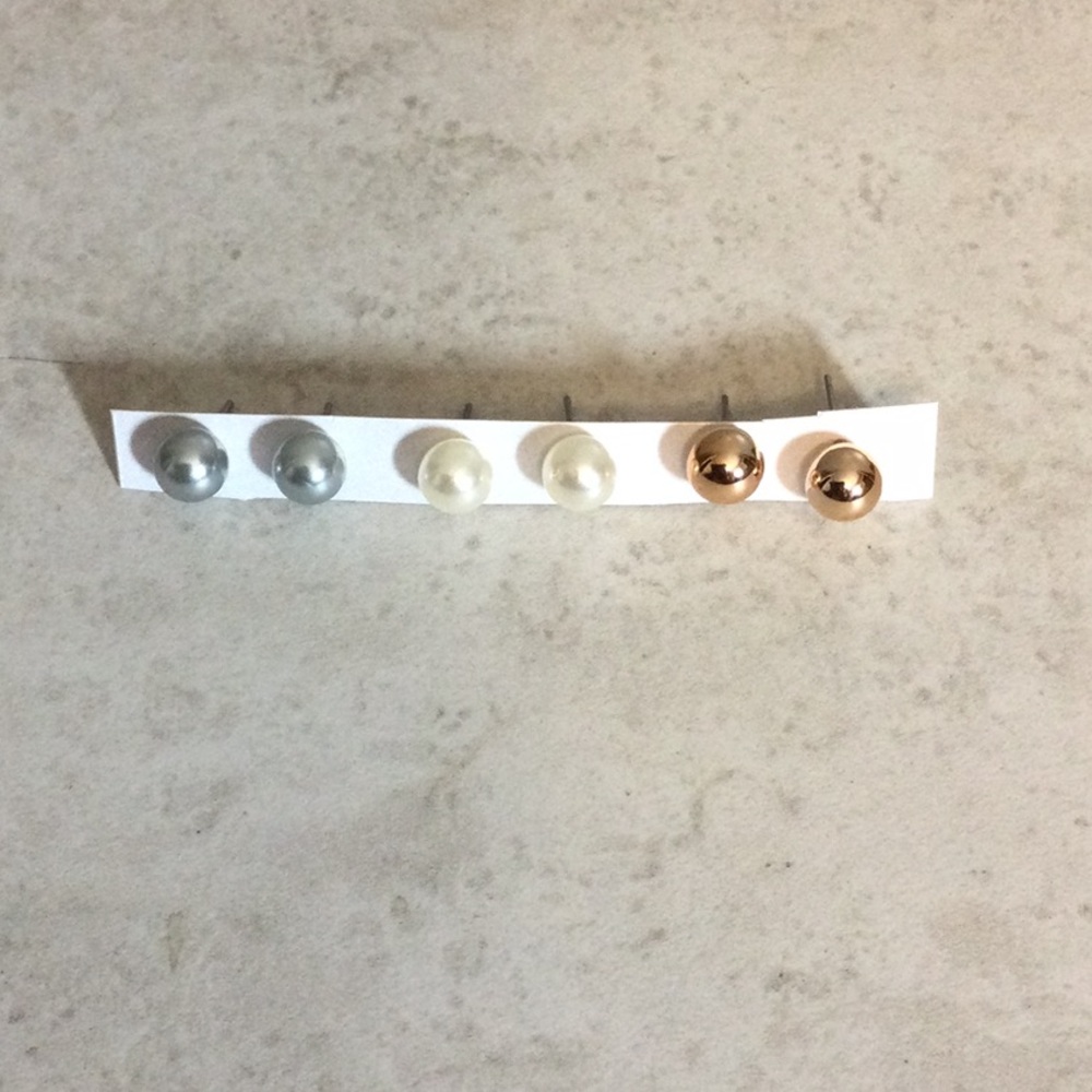 NWT Triple Pair Pearl and Metal Stud Earring Set - Silver, White, Rose Gold